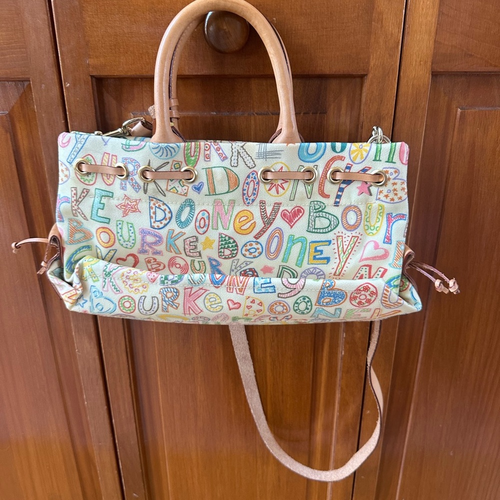 VTG Dooney & Bourke Multicolor Doodle Satchel with Tan Trim - Picture 9 of 10